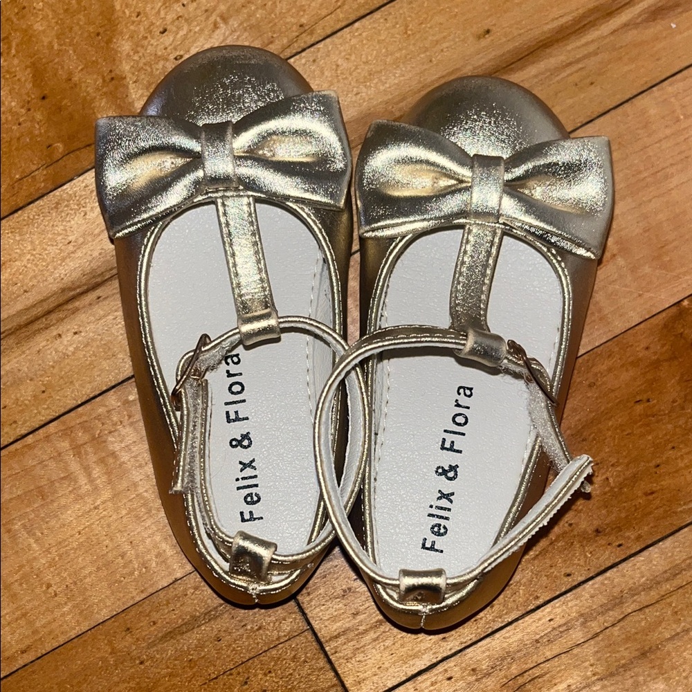 Gold Kids Dress Shoes with Bow